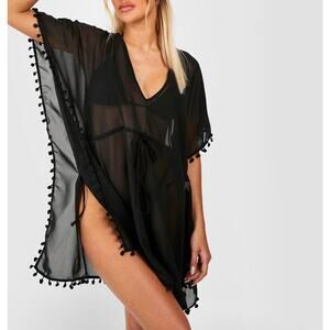 WEST LOOP Pom Pom Cover Up Beach Kaftan Sheer Plunge-Neck Black Womens One Size